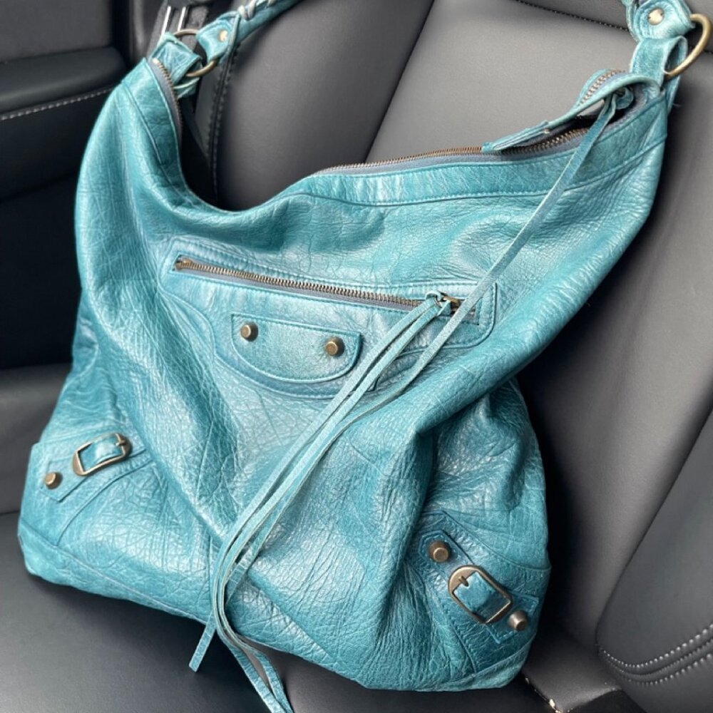 Auth 2005 Balenciaga Teal Turquoise Green Blue Chevre Day Shoulder Hobo Bag